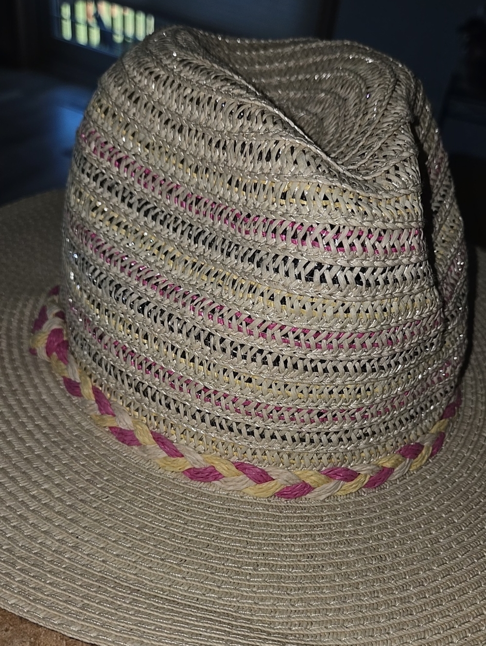 Fedora Braided Sun Hat Pink Yellow Braided Band Cream Tan Festival Vacation - Picture 3 of 16